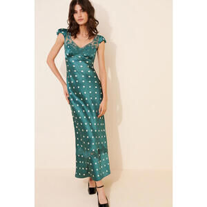 Free People - Women's Green Satin Polka Dot Maxi Dress with Lace Detail, Size L